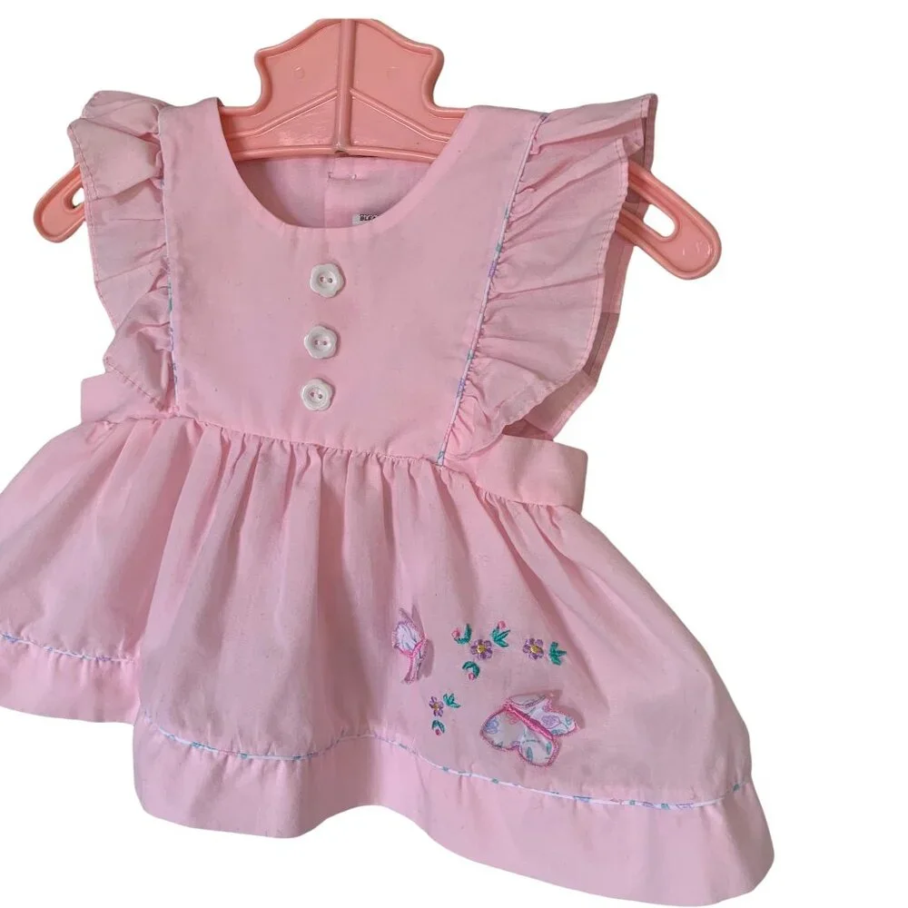 Vintage Pastel Butterfly Embroidered Flutter Sleeve Pinafore 6-9 Months